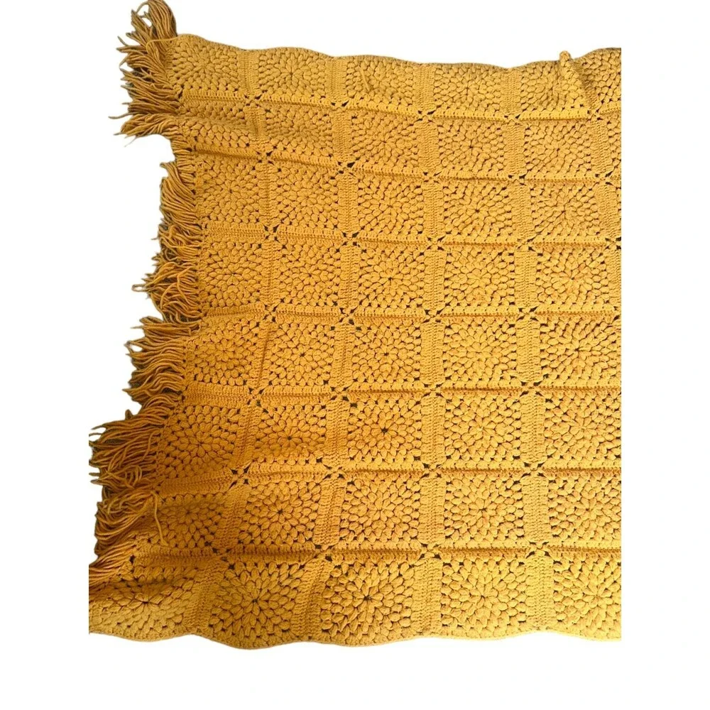 Handmade Yellow Crochet Afghan Blanket Vintage 70s Boho Cottagecore Throw Large